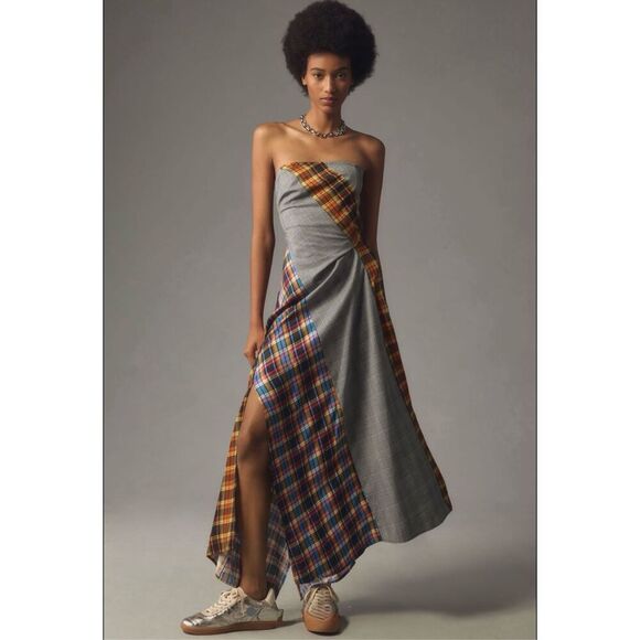 Anthropologie Maeve Plaid Patchwork Strapless Asymmetrical Midi Handkerchief Dre - Picture 2 of 11